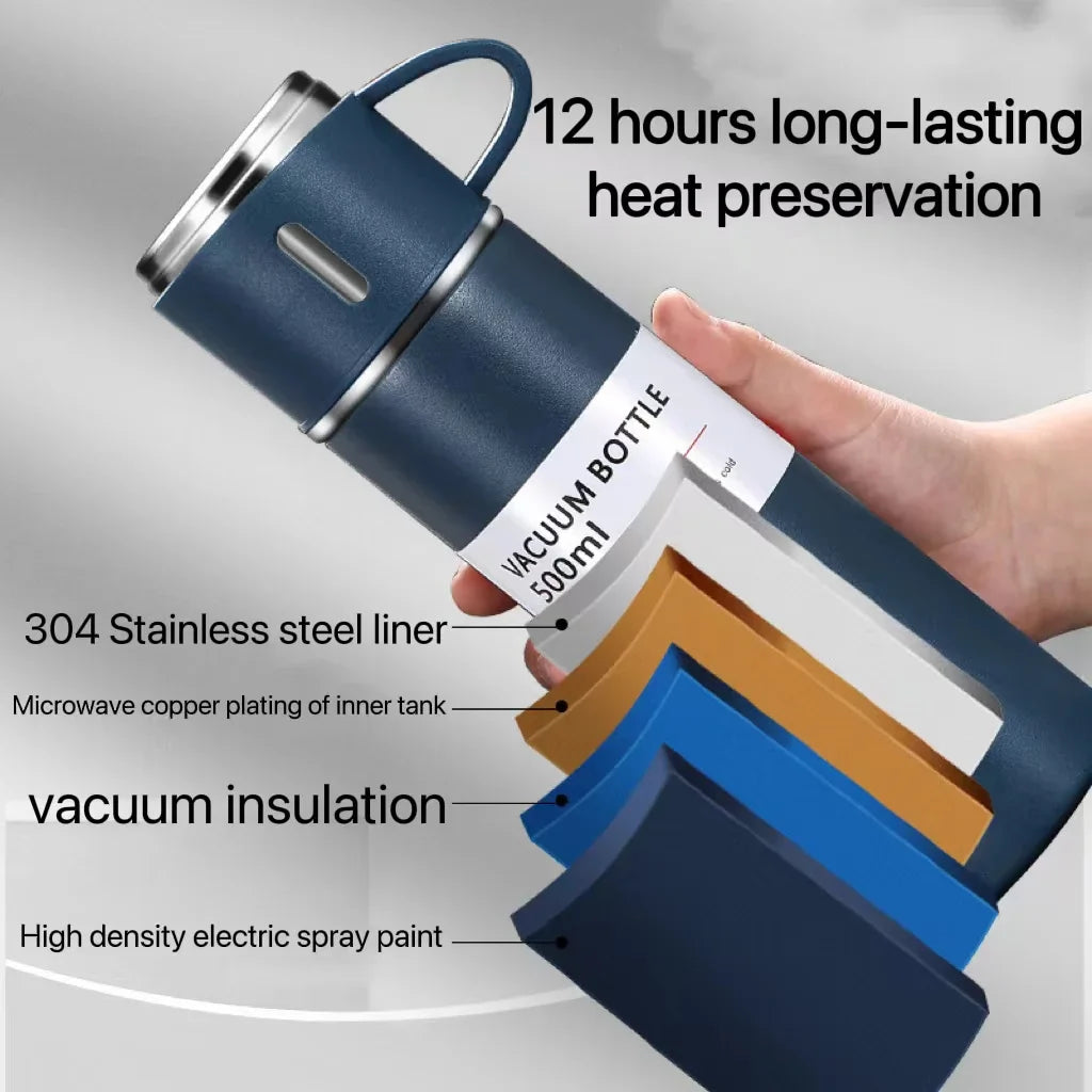 4-in-1 Stainless Steel Vacuum Water Bottle 500ml with 3 Leak-Proof Cups β Perfect for Gym, Home & Outdoor