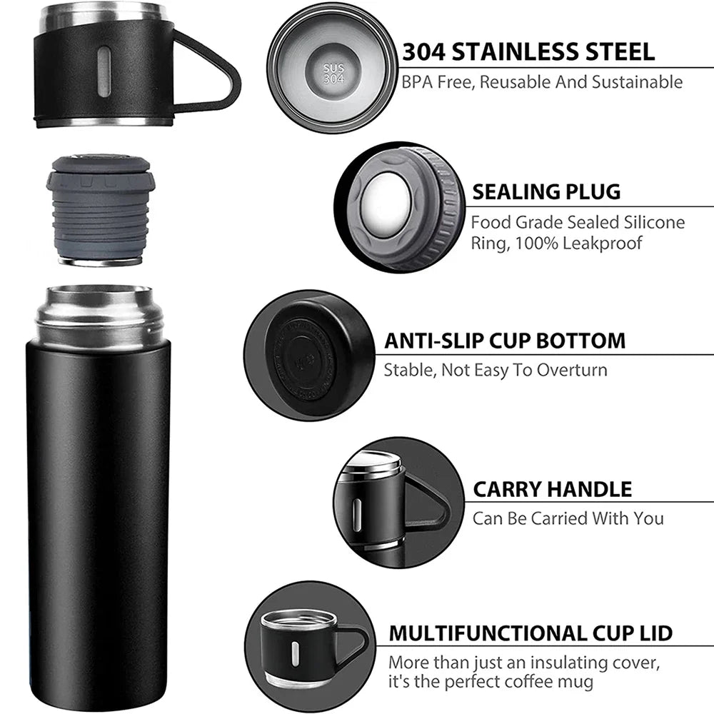 4-in-1 Stainless Steel Vacuum Water Bottle 500ml with 3 Leak-Proof Cups β Perfect for Gym, Home & Outdoor