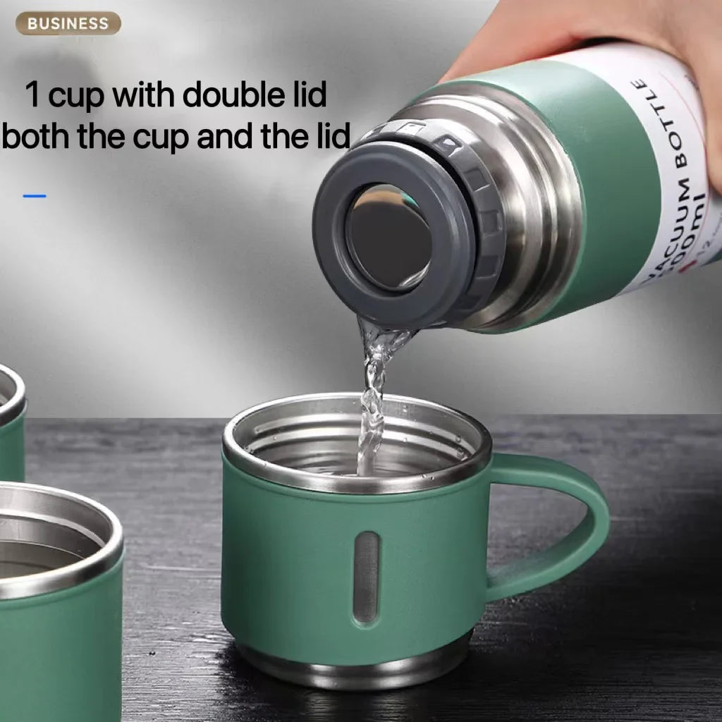 4-in-1 Stainless Steel Vacuum Water Bottle 500ml with 3 Leak-Proof Cups β Perfect for Gym, Home & Outdoor