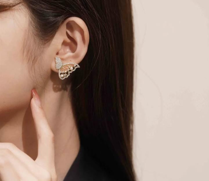 Imported Butterfly Front-Back Earrings – Zircon & Pearl Design | Luxury Fashion Jewelry for Girls & Women