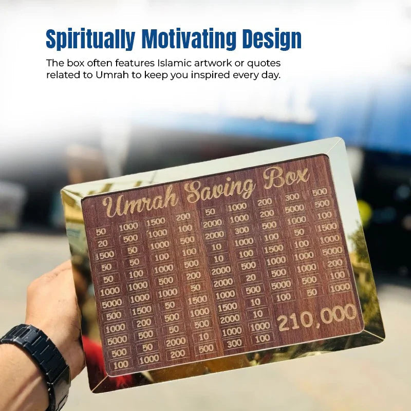 Umrah Saving Box – Premium Wooden Money Box for Umrah Fund | Best Quality – Target: 210,000