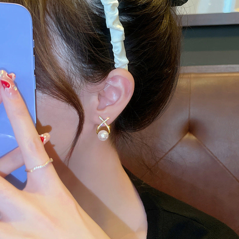 Elegant Golden Cross Pearl Zircon Earrings – Unique Stud Design | Fashion Luxury Earrings for Women