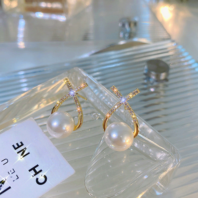 Elegant Golden Cross Pearl Zircon Earrings – Unique Stud Design | Fashion Luxury Earrings for Women