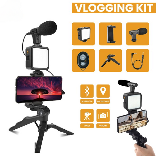 All-in-One Vlogging Kit with Tripod, Microphone & LED Light – Universal Smartphone & Camera Video Making Setup for YouTube, TikTok, Reels & Live Streaming