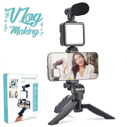 All-in-One Vlogging Kit with Tripod, Microphone & LED Light – Universal Smartphone & Camera Video Making Setup for YouTube, TikTok, Reels & Live Streaming